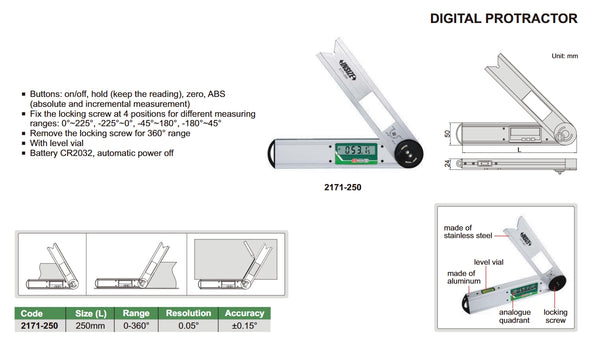 Digital Protractor | Insize 2171-250 | Range 0-360 Degree | Resolution 0.05 Degree