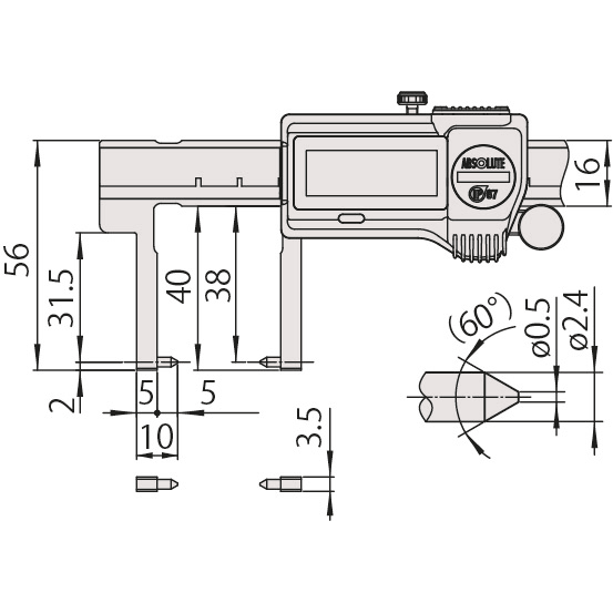 Mitutoyo 573-752-20 ABSOLUTE Digimatic Neck Jaw Point Type IP67 Caliper 0-150mm (0-6″)